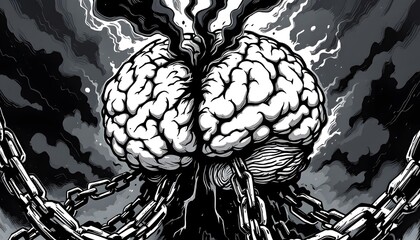 Chained Brain: A Dark, Intricate Monochrome Illustration