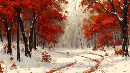 A snow-covered path winds through a forest of vibrant red winter trees