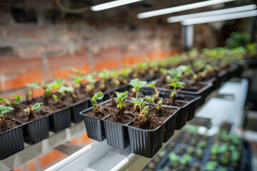 Pots with strawberry seedlings arranged, prepared for greenhouse planting or sale under lamps....