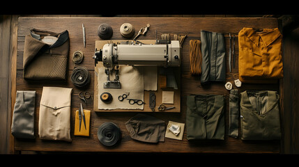 Vintage Sewing Machine & Apparel Flatlay on Wooden Table