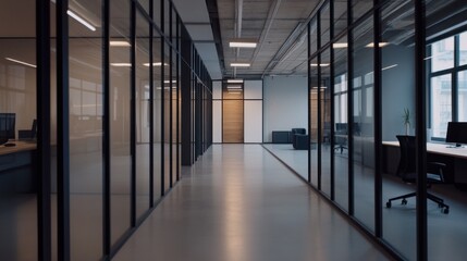 Modern office hallway with glass partitions, sleek design, and minimalist aesthetic.