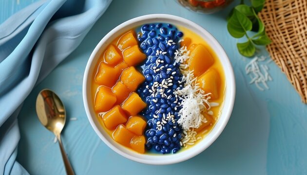 Colorful Malaysian Dessert Pulut Tai in a Bowl with Tasty Ingredients and Garnishes