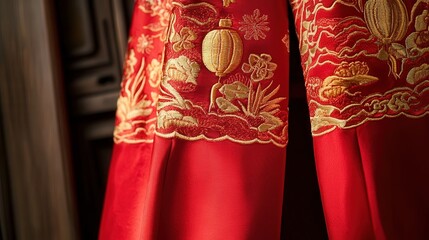 Chinese New Year pants in red silk, adorned with intricate golden embroidery of firecrackers and lanterns