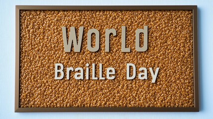 A textured sign displaying "World Braille Day" in raised letters, promoting awareness of Braille.