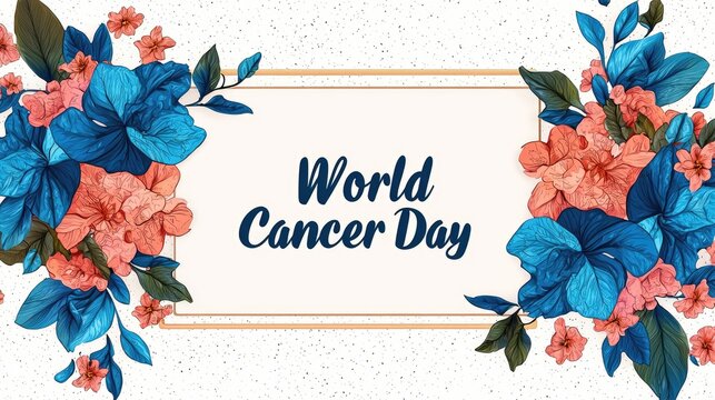 A decorative banner promoting World Cancer Day with floral designs in blue and coral. - Powered by Adobe