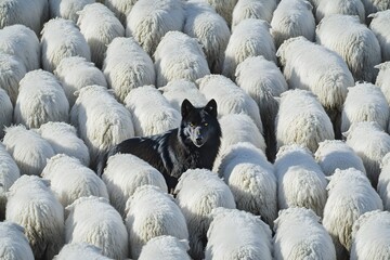 Striking Image of a Single Black Wolf Standing Among a Flock of White Sheep, Capturing the Powerful Contrast and Symbolism of Danger, Deception, and the Outsider Hidden Within a Peaceful Group