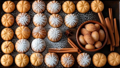 Delicious Traditional Polvorones in a Bowl Surrounded by Sweet Pastries and Cinnamon Sticks