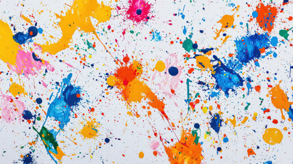 Fototapeta premium A colorful paint splatter on a white canvas, creating an energetic and creative mood, ideal for artistic backgrounds, dynamic designs, and expressive branding.