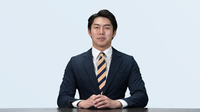 man, businessman, meeting, seminar, lecturer, speak, business, announcer, caster, news, smile, japanese, asian, television, report, mass media, media, businessperson, people, salaryman, company employ