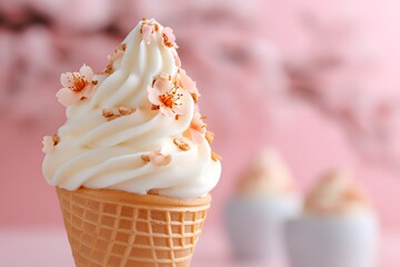 Close-Up of a Creamy White Milk Ice Cream Cone with a Perfect Swirl, Nestled in a Crisp Waffle Cone, Capturing the Smooth Texture and Fresh Dairy Appeal of a Classic Frozen Treat on a Bright, Summery