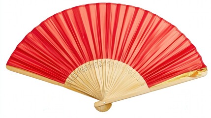 lightweight bamboo fan with a vibrant red handle and golden ribbon trim.