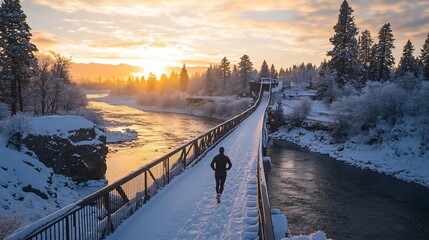 Runner on a snowy bridge at sunrise over a river with winter scenery.