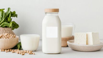 A minimalist scene featuring soy milk, tofu, and leafy greens, exuding a fresh and healthy lifestyle vibe.