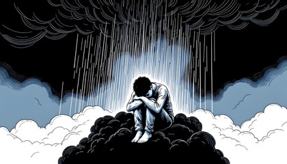 Despair: A Figure's Melancholy Embrace Amidst a Dark Rain