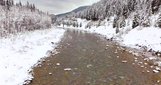 Aerial Drone Snowy Flathead River Views Glacier National Park