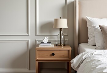 Elegant Scandinavian Nightstand Design: A Wooden Bedside Drawer with a Beige Fabric Headboard Perfect for Modern Bedrooms