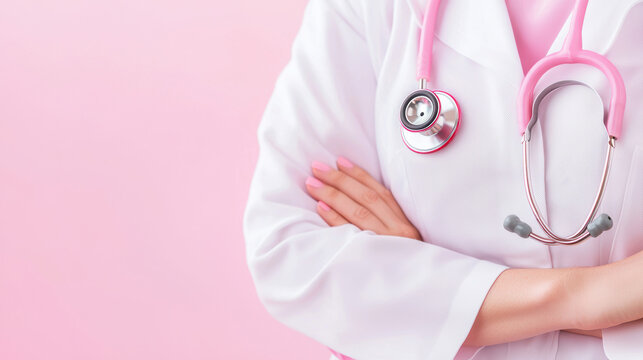 Obstetrics and Gynecology (OB-GYN) Doctor Concept A professional OB-GYN doctor in a white coat with a pink stethoscope against a soft pink background