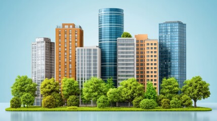 Fototapeta premium Modern Cityscape High-rise Buildings and Lush Green Landscaping on an Island