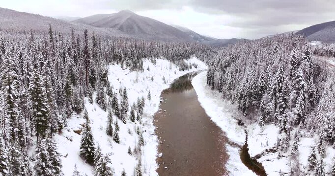 Flathead River and Forest Aerial Drone Glacier National Park Winter