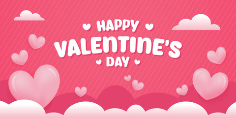 Happy Valentine's day banner background with 3d heart balloons and blank space area for text