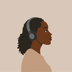 A vector flat illustration of a young African woman's profile, side view, listening to headphones, set against a high-angle perspective of thick fog, low visibility, conveying music therapy.  The styl