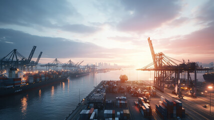 Obraz premium bustling port at sunset with cranes and shipping containers, showcasing industrial activity and vibrant colors