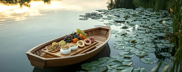 Fototapeta premium Wooden rowboat with fruit & nuts on calm lake.