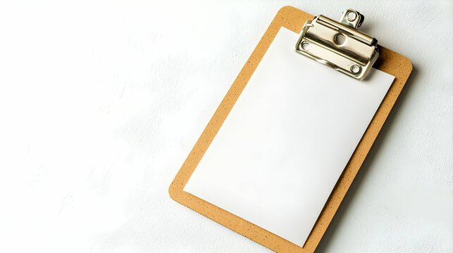 Blank clipboard, paper, white background, office workspace, note-taking.