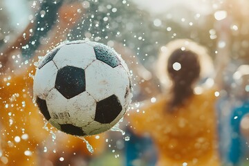 Naklejka premium Close up occer ball in a game in full motion, lifting the grass and water from the ground due to the force of the ball's impact