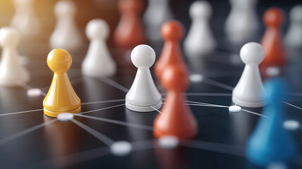 Colorful game pieces connected by glowing lines on dark background create vibrant network