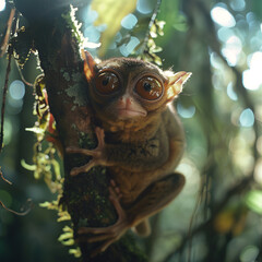 Close-up shot of a wide-eyed tarsier clinging to a tree branch in a lush, green forest, capturing its curious and adorable expression in natural light. Wildlife Animals.
