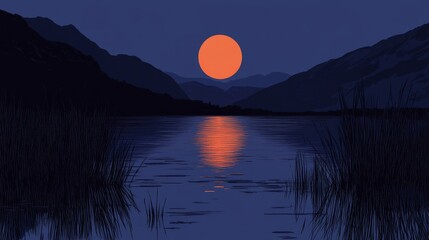 Serene Night Landscape  Orange Moon Rising Over Calm Mountain Lake
