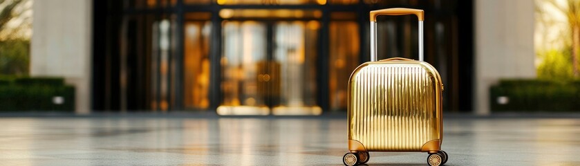 A shiny golden suitcase stands alone in a stylish hotel lobby, reflecting elegance and travel anticipation.