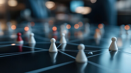 Futuristic network of interconnected game pieces on dark surface, showcasing strategy and connection