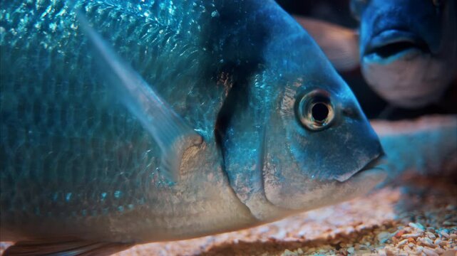 Close up of a Diplodus vulgaris fish swimming near coral reefs