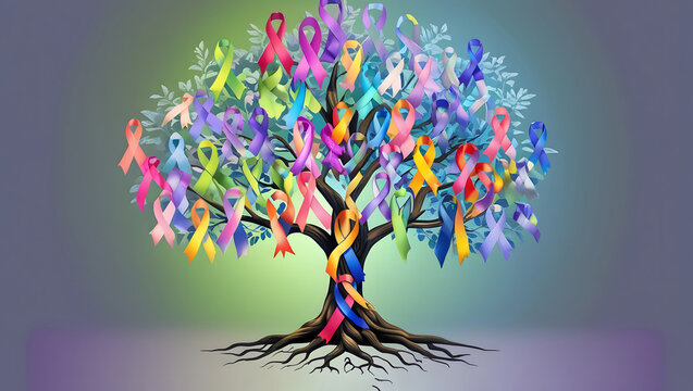 Cancer Awareness Tree Design: Colorful Ribbons and Rooted Support for Hope and Healing