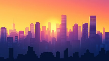 Fototapeta premium City skyline at sunset. Warm colors, silhouettes of buildings.