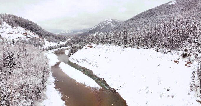 Aerial Drone Snowy Winter Views Glacier National Park Montana