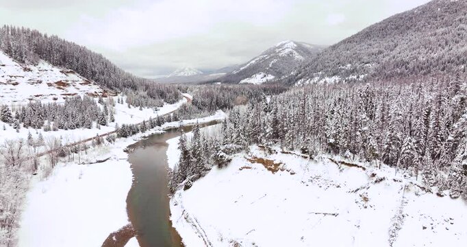 Winter Aerial Drone Panoramic Forest Glacier National Park