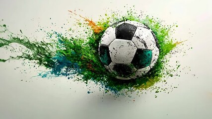 A soccer ball bursts from a cloud of green, blue, and orange paint. This image is shown in a gallery of sports-themed visuals, suggesting a website related to sports content creation.