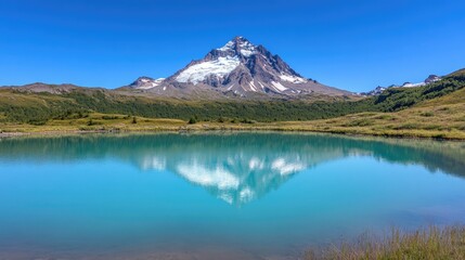 A vibrant turquoise pool with a scenic mountain reflection.