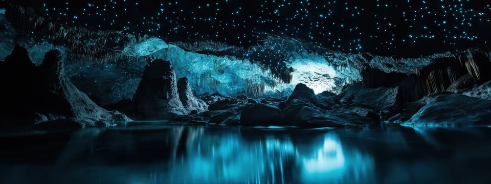 An intimate shot of the bioluminescent glowworm caves of Waitomo in New Zealand, Cave scene, Sublime style