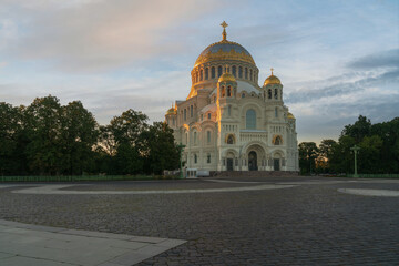 The Naval cathedral of Saint Nicholas in Kronstadt (Morskoy Nikolskiy Sobor) and the Anchor (Yakornaya) Square on a sunny summer morning, Kronstadt, St. Petersburg, Russia