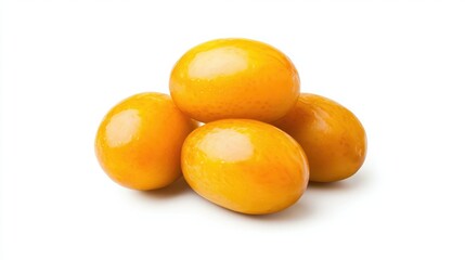 A cluster of bright yellow, oval-shaped fruits, resembling small plums, sitting on a white background.