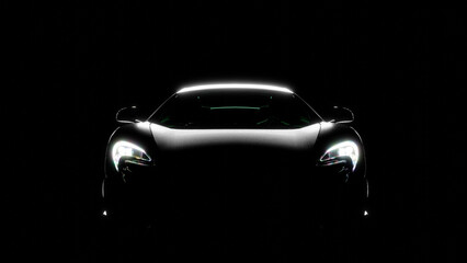 Silhouette of black sports car with headlights on black background, photorealistic 3d illustration render