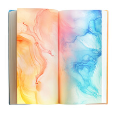 A book lies open revealing two pages painted with a vibrant abstract watercolor design in warm and cool tones.
