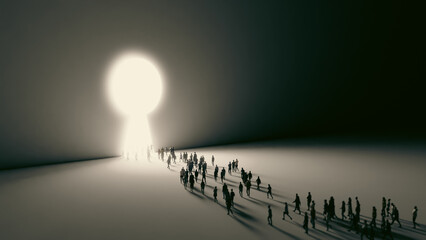 3d render walking crowd people with a case to the opening gate with clearance