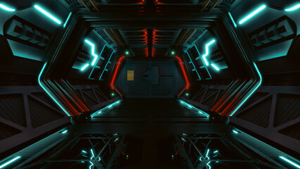3d illustration render. Sci-Fi grunge damaged metallic corridor background