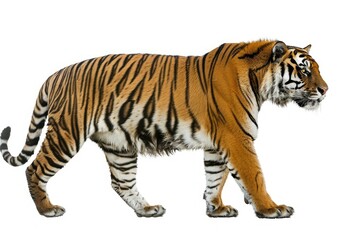 High Detail Visual of Side View of a Tiger Walking Away, Isolated on White
