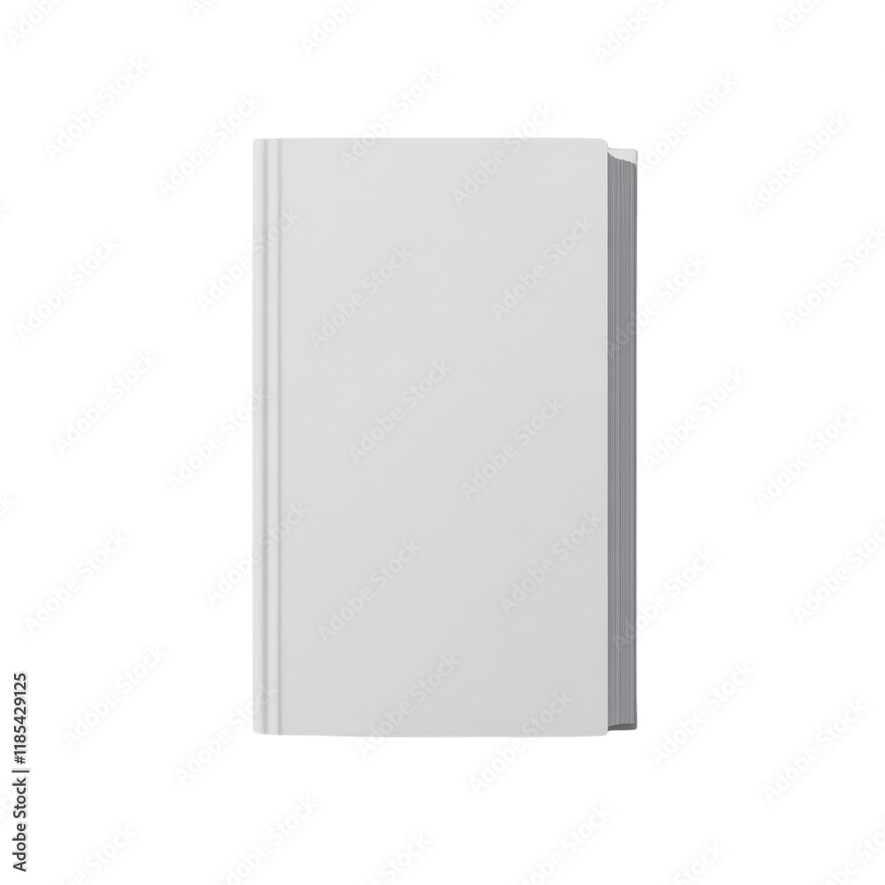 Poster a single, blank, white hardcover book rests on a light gray background casting a subtle shadow.